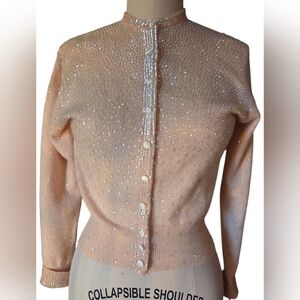 Vintage 1950s Beaded Cardigan Xsmall Small Sequins Pink Peach Wool